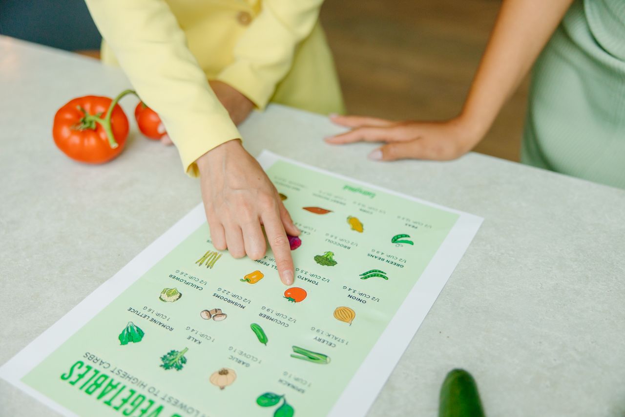 The Art of Drawing Readers In: Your attractive post title goes here Close-up of hands pointing to a vegetable nutrition chart with fresh tomatoes on the table.